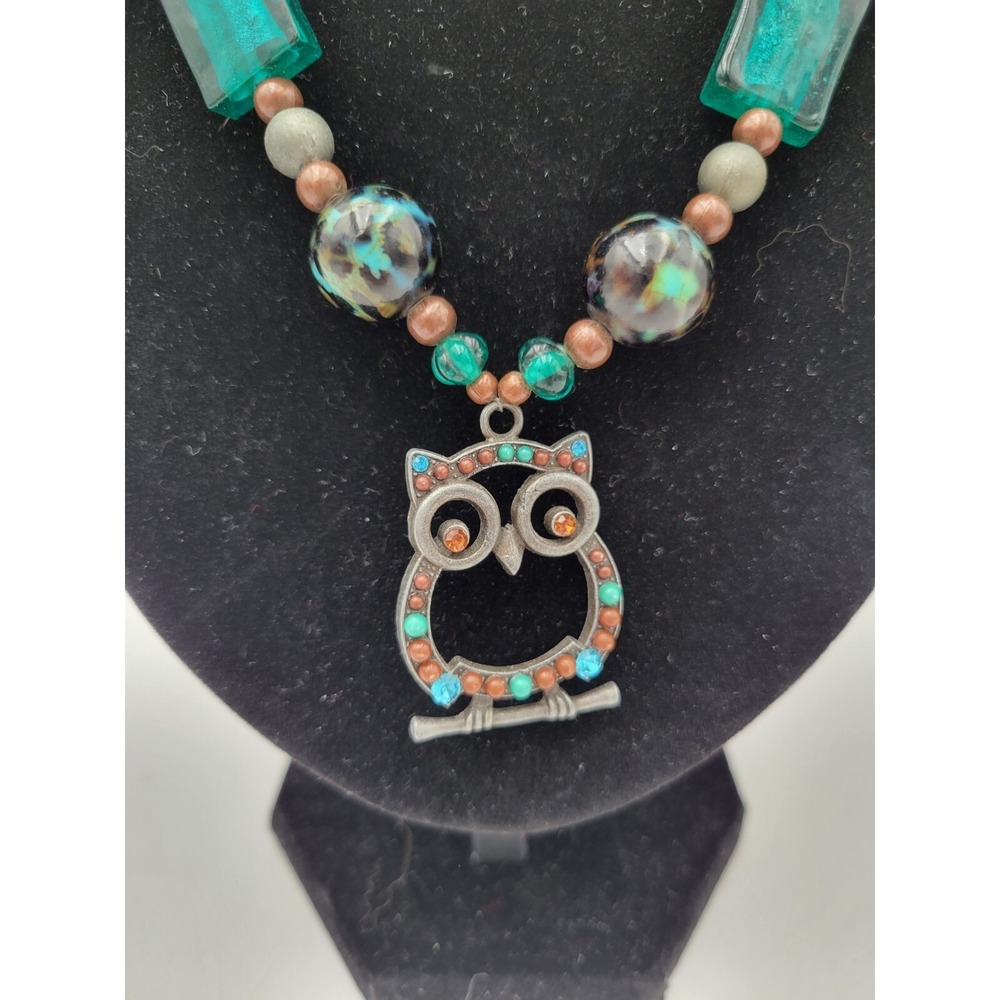 Vintage Owl Pendant Teal Blue Brown Acrylic Cabochons Beads Rhinestones